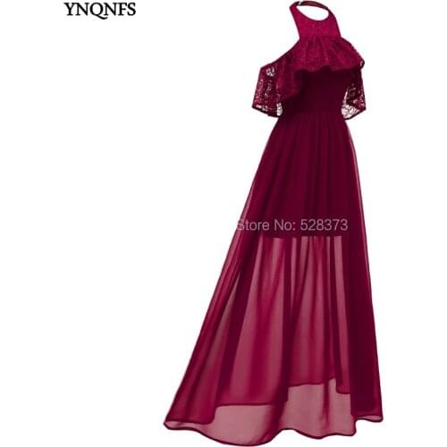 YNQNFS BD81 Real Wedding Guest Dress Chiffon Halter Off Shoulder High Low Bridesmaid Dresses Burgundy Navy Blue 2019