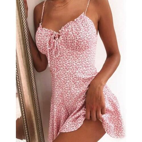 New Sexy Little Floral Print Women Bodycon Dress Sleeveless Strap Skinny Mini Sundress with Slit Fashion Lady Suspenders Dress