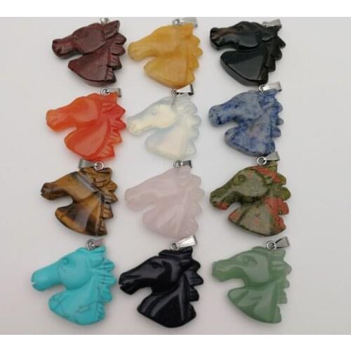 Fashion carved horse head Necklace Pendant charms mixed animal Natural Stone Pendant For Jewellery gift 12pcs wholesale