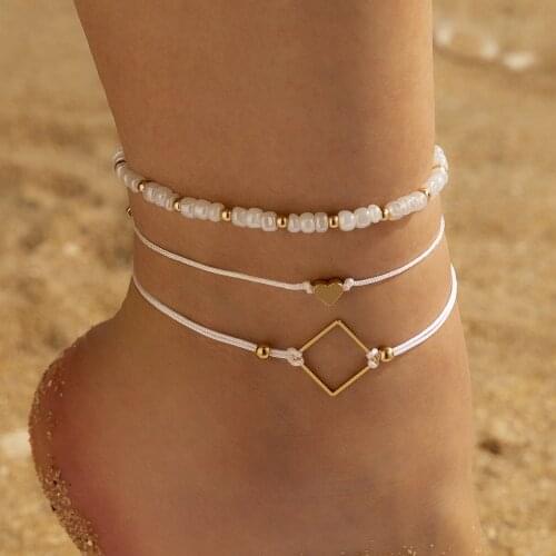 HI MAN 3 Pcs/Set Korean Mixed Acrylic Handmade Beaded Heart Geometric Anklet Women Fashion Elegant Couple Jewelry