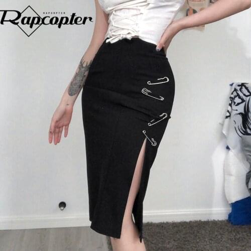 Rapcopter y2k Sexy Black Skirts Side Split Midi Skirts Gothic Pin Patched Skirts Women Party Slim Skirts Trendy Clubewear 2021
