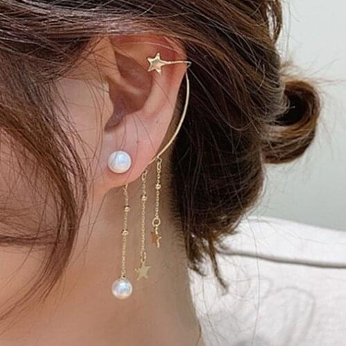 Tassel Star Earring Alloy Pearl Asymmetrical Single Ear Bone Clip Chain Flash Lightning 2021 New Fashion Jewelry Gift For Women