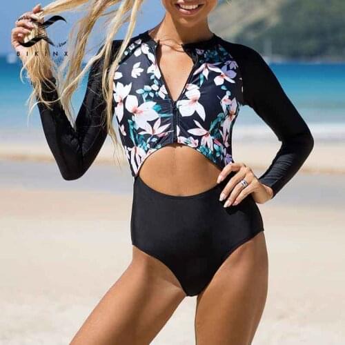 Sport zipper swimsuit women Hollow out one-piece suit Patchwork print monokini High cut swimwear Long sleeve bathing suit New