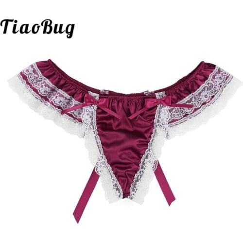 Men Underwear Shiny Soft Satin Sissy Panties Lingerie Floral Lace with Big Bowknot Low Rise G-String Thong Hot Sexy Gay Swimwear
