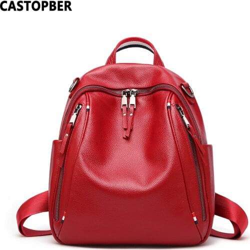 Womens Fashion 2 Zipper Cow Genuine Leather England Style Backpacks Large Capacity Daypack For Travel School Girls High Quality