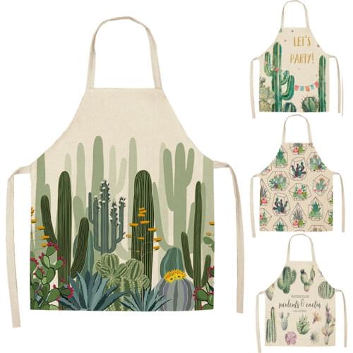 Cactus Pattern Kitchen Apron for Woman Sleeveless Linen Cotton Aprons Home Cooking Baking Bibs Cleaning Tools