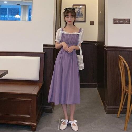 Women Summer Purple Elegant Lace Long Maxi Dresses Vintage Square Collar Female Korean Dress Casual Holiday Lady Vestidos Y381