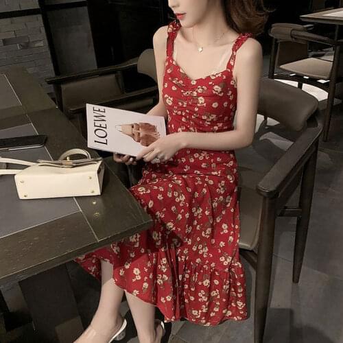 2021 summer new large size suspender skirt chiffon fat mm French waist thinner open back small fresh floral dress long