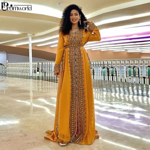 Gold Yellow Moroccan Caftan Embroidered Evening Kaftan Dresses 2020 New robe de soiree Long Sleeve Evening Gowns Formal Dress
