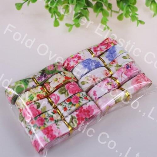 20yards/lot 2yards each pattern Free shipping 5/8''fold over elastic FOE heat transfer flowers printed headband hair band diy