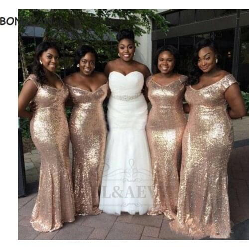 2021 Sequins Bridesmaid Dresses Mermaid Gold Off-The-Shoulder South African Lace Up Back Black Girls Bridesmaid Dress