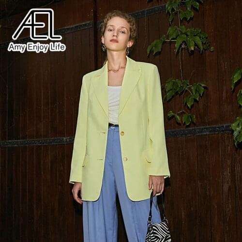 AEL Woman Straight Blazer Lemon Yellow Autumn Hollowed Loose Jacket Out Outwear Causal Streetwear
