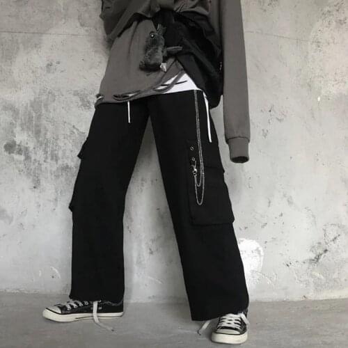 Harajuku Black Cargo Pants Men Women Punk Streetwear Fashion Casual Goth Techwear Spring Autumn Vintage Chain Plus Size Trousers