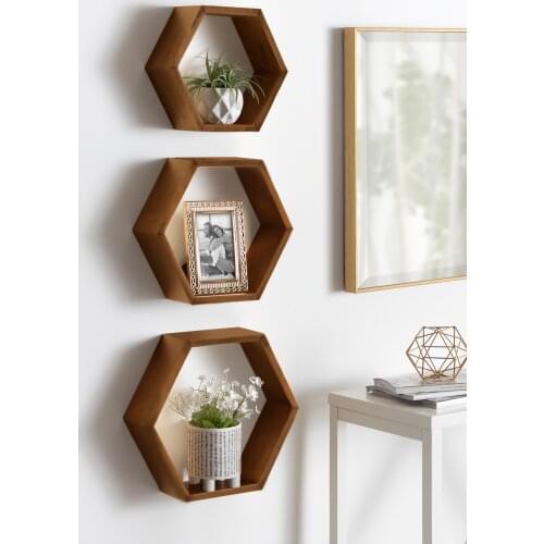 Wood 3'lü Hexagonal (honeycomb) Wall Rack decorative Bookcase Child Baby Child Room Library Wood