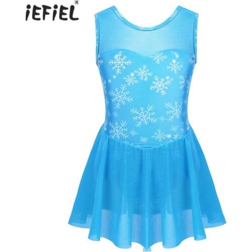 Kids Girls Ballerina Dancewear Costume Sleeveless Mesh Splice Snowflake Printed Ballet Dance Dress Gymnastics Leotard Dress-up