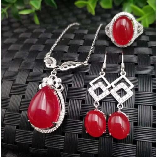 Boutique jewelry 4 color Natural Jade pendant 925 silver jewelry wholesale Chalcedony ring earring necklace set