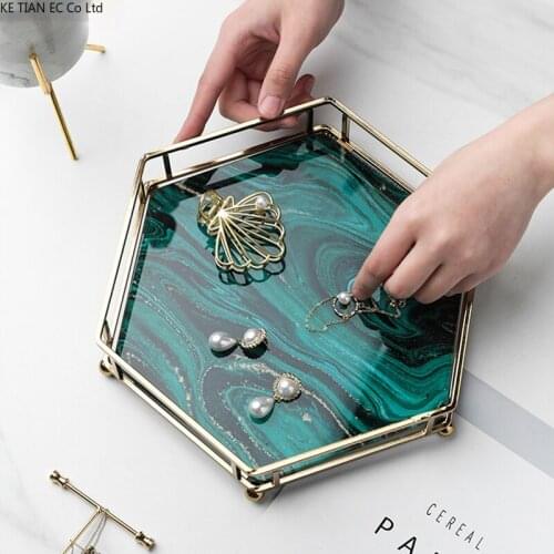 European Glass Green Agate Storage Tray Hexagonal Hollow Fruit Food Tea Cup Home Storage Box Jewelry Necklace Display Tray Decor