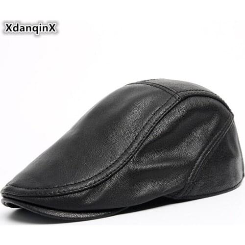 XdanqinX Sheepskin Leather Cap Mens Genuine Leather Hat Simple Beret Adjustable Head Size Middle-aged Men Berets Tongue Cap New