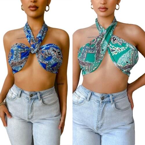 Womens Sleeveless Crop Tops, Bohemian Criss Cross Halter Self Tie Backless Tank Tops