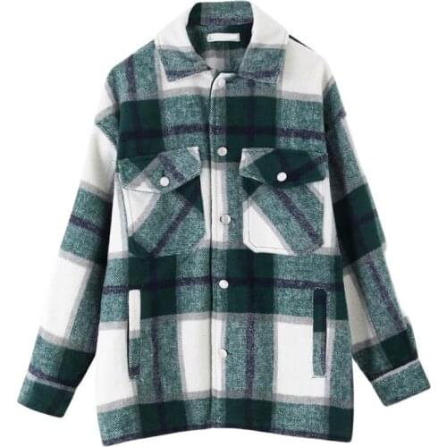 Ladies Vintage Stylish Pocket Oversized Plaid Jacket Women Coat Lapel Collar Long Sleeve Loose Outerwear Jacket Female Ch