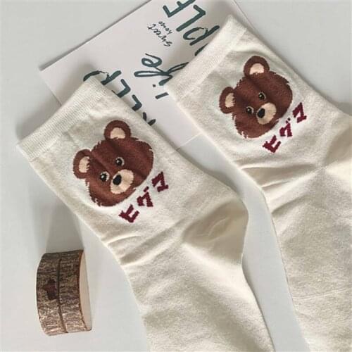 4Pairs Womens Socks Fashion Japanese Cute Bear MiddleTube Stockings Girl Cartoon Breathable Soft Socks TJ3042