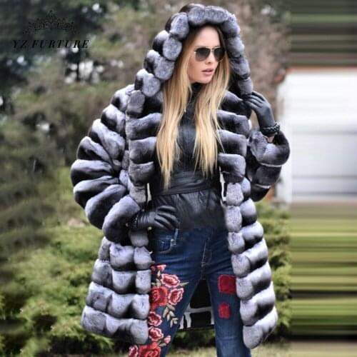 2021 Winter New Women Real Chinchilla Rex Rabbit Fur Coat Big Hood Full Length Rabbit Long Jackets Down Plus Size Outer Garment