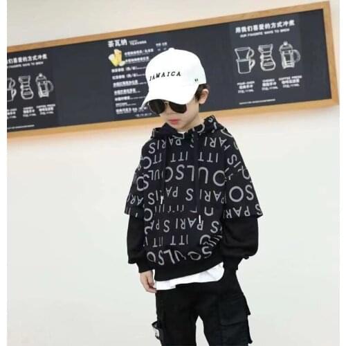 Autumn Full Print Hoodie Children Clothing Faux two piece Black Boys Sweatshirts Loose hip-hop Unisex Pullovers Tops Clothes