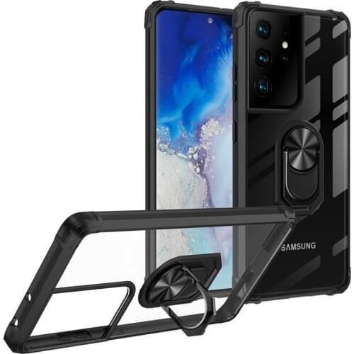 HD Clear Crystal Transparent shockproof Protective Case with Ring Car Mount Kickstand for Samsung Galaxy S21 Ultra
