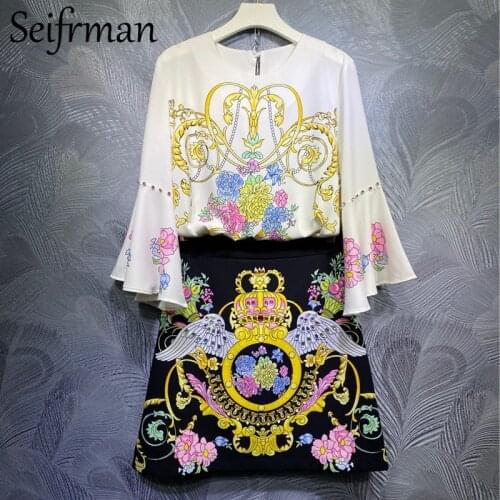 Seifrmann New 2021 Summer Women Fashion Designer Skirt Set Flare Sleeve Loose Tops + High Waist Crystal Skirts 2 Two Pieces Suit