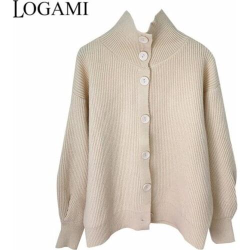 LOGAMI Turtleneck Sweater Jacket Women Loose Outerwear Autumn Winter 2021 New Thick Loose Knitted Cardigan Top