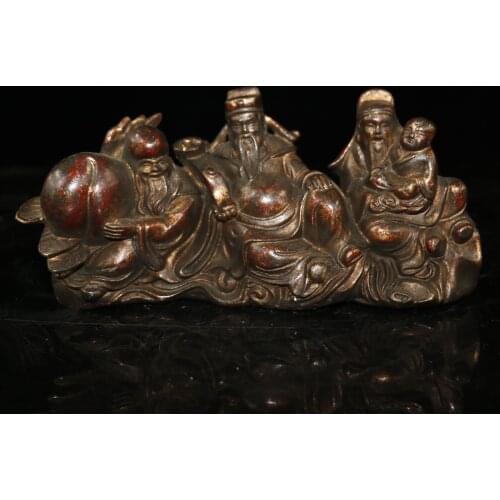 9" Tibet Buddhism Old Bronze Cinnabars Three-star statue of Fu Lu Shou Samsung highlights Lucky fortune decoration Enshrine