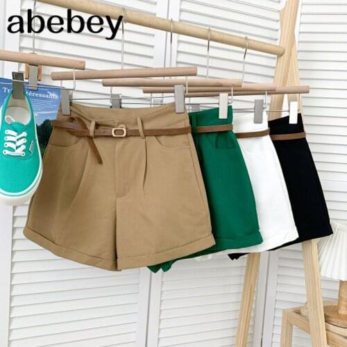 Korean versatile solid Shorts high waist pleated casual wide leg Shorts straight tooling Shorts with belt 2021 New Summer