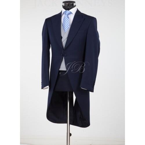 Morning Style Mens Suits Groomsmen Peak Lapel Groom Tuxedos Blue Wedding Best Man Suit (Jacket+Pants+Tie+Vest) A35