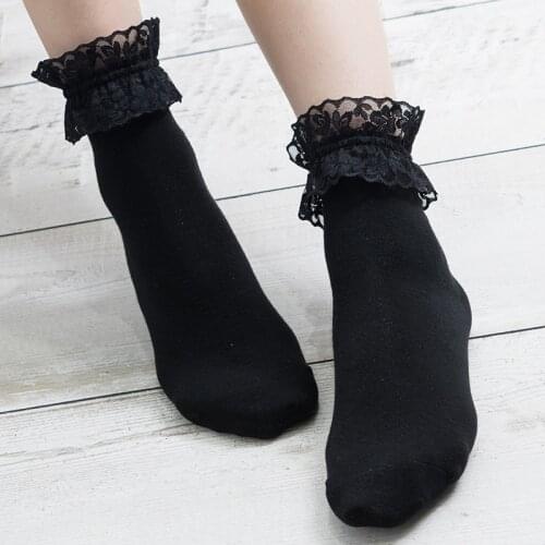 Vintage Pure Color Lolita Socks Frilly Ruffle Lace Short Socks For Women Sweet Harajuku Princess Socks Happy Cotton Socks Female