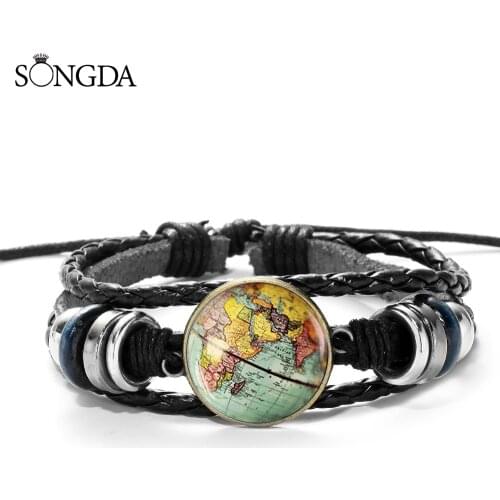 Vintage Globe Charms Bracelet Planet World Earth Map Glass Photo Woven Bead Multilayer Leather Bracelet Travel Wristband