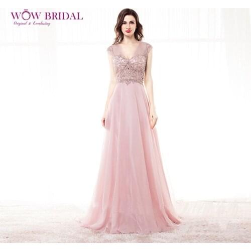 Wowbridal Gorgeous Pink Long Evening Dress Sexy V-Neck Sheer Open Back Crystal Beaded Sweep Train A-Line Party Gown with Ruffles