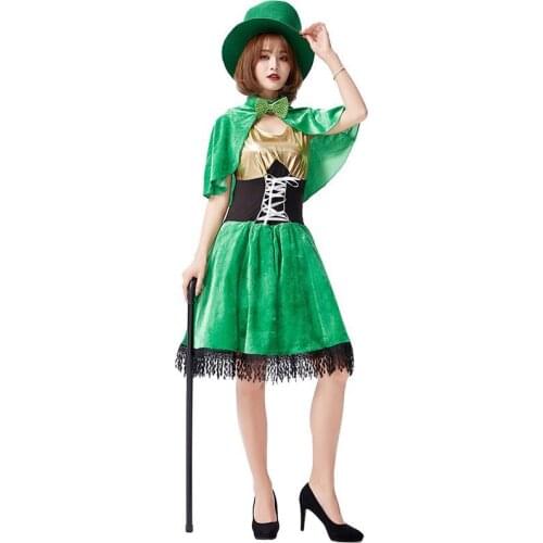 Western Europeans Ireland St. Patricks Day Costumes Female Women Magician Green Goblin Dwarfs Cosplay Bar Role Play Party Dress