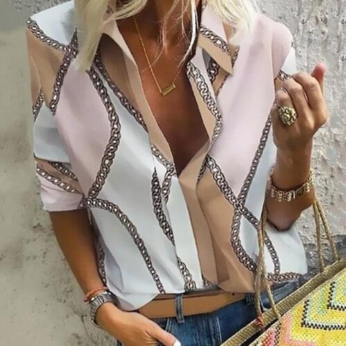 Women Blouses 2020 Fashion Long Sleeve Turn-Down Collar Office Shirt Chain Printed Blouse Shirt Casual Tops Blusas Femininas