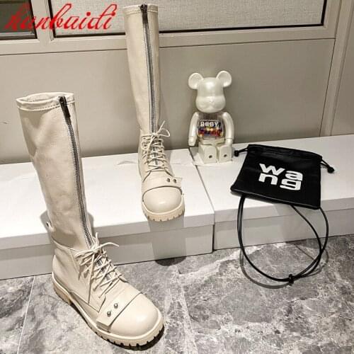 Ladies British Style Shoes Genuine Leather Mid Calf Stretch Boots Platform Long Boots Lace Up Round Toe Knee High Shoes