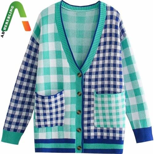 Adherebling Za Woman 2021 Casual Traf Jacket Autumn Winter Blue Green Plaid Patchwork Knit Cardigan V Neck Loose Femme Sweater