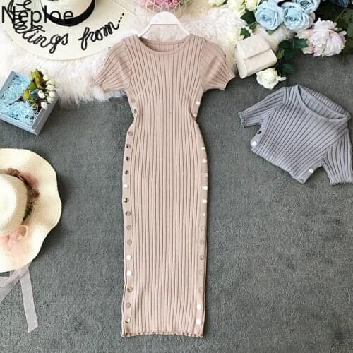 Neploe Knitted Short Sleeve Dress Women Solid O-Neck Short Sleeve Vestidos Fashion Double Breasted Bodycon Dresses 44171