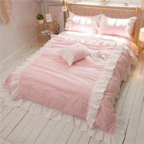 100% Cotton Sweet Pink Purple Princess Girls Bedding Chic Ruffles 4Pcs Twin Queen King Down Duvet Cover Bed Sheet 2 Pillowcases