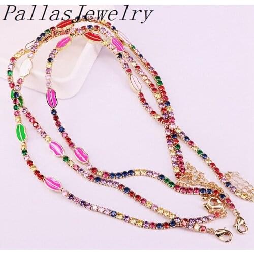 5Pcs rainbow tiny Tennis Cz chain enamel colorful lip lucky charms elegance women bracelet necklace jewelry