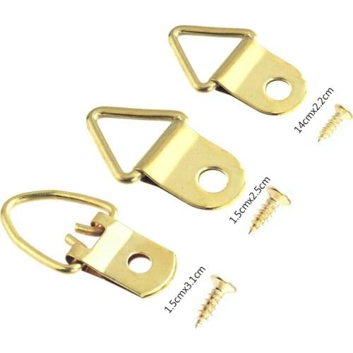50pcs Golden Triangle D-Ring Hanging Picture oil Painting 3 Sizes Mirror Artwork Frame Hooks Hangers With 50 Screws