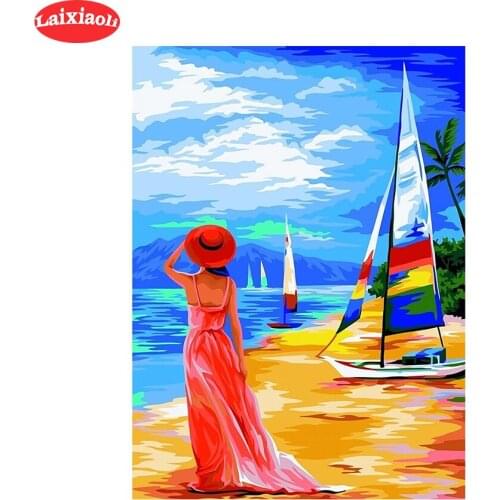 Diamond Painting Beach girl sailing Full Drill Square DIY Diamond Embroidery Cross Stitch Mosaic round Rhinestone Home Decor