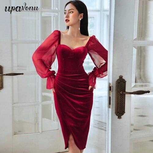 Free Shipping 2021 Spring New Womens Burgundy Velvet Dress Sexy Lantern Sleeve Bodycon Draped Dress Club Party Midi Vestidos