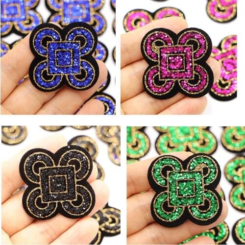 10pcs/lot 4cm Glitter Chinese Element Patch DIY Iron On Stickers for Sweater Dress Shirt Sewing Fabric Appliques Handmade Badge