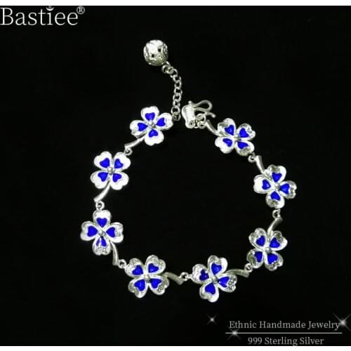Bastiee 999 Sterling Silver Bracelets For Women Bracelet femme Cloisonne Enamel Luxury Jewelry Handmade Vintage Clover Flower