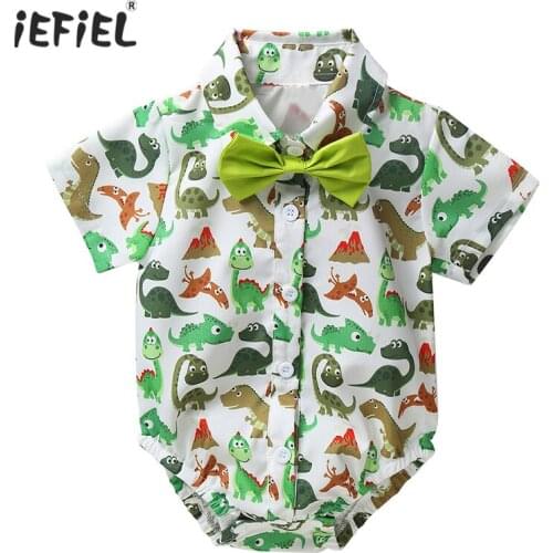 Infant Baby Boys One-Piece Shirt Romper Cartoon Animal Printed Short Sleeves Bowtie Button Down Shirt Romper Gentlemen Clothes