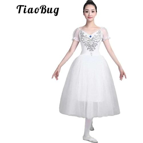 Women Puff Sleeves Long Tulle Pink/Blue/White Tutu Ballet Dress Adult Romantic Stage Performance Ballroom Party Dance Costume